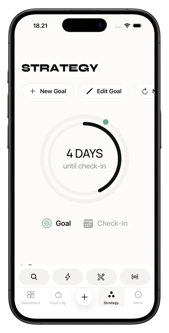 Caltra strategy screen with a weekly check-in and personal nutrition program
